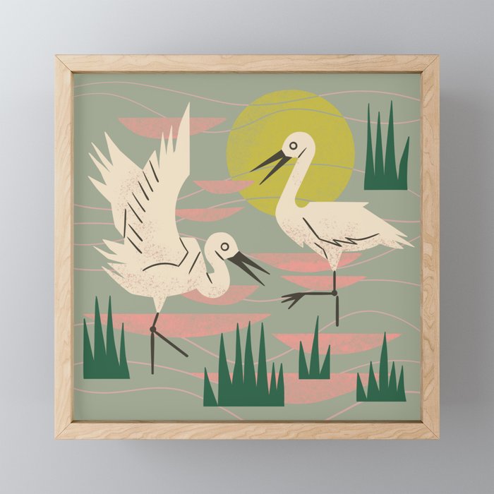 Cranes Wading At Sunset (Sage) Mini Art Print Gallery Image 1