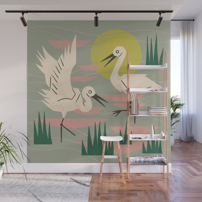 Cranes Wading At Sunset (Sage) Wall Mural Gallery Image 1