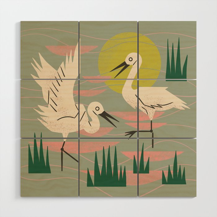 Cranes Wading At Sunset (Sage) Wood Wall Art Gallery Image 1