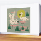 Cranes Wading At Sunset (Sage) Wall Mural Gallery Image 2