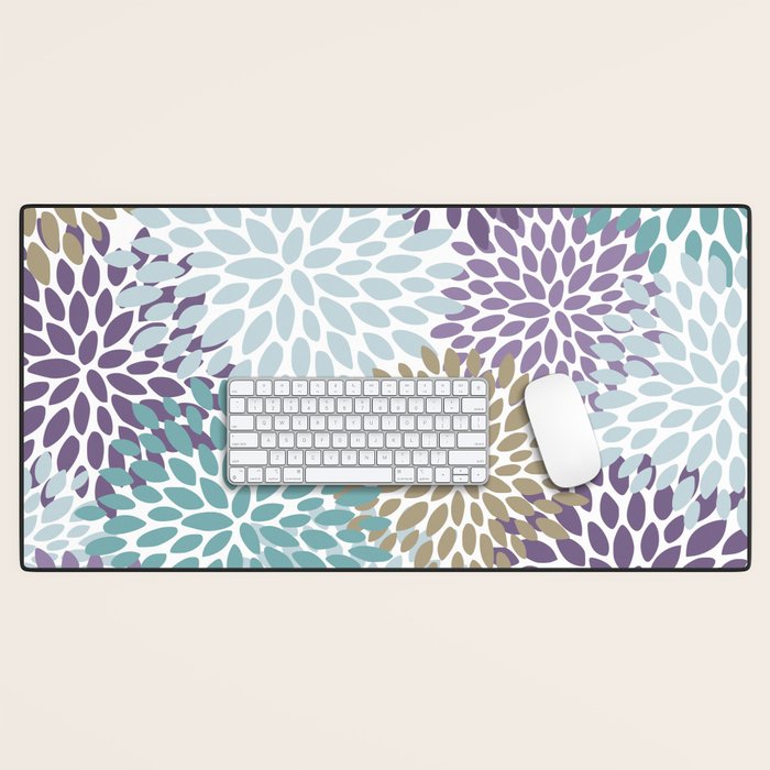 Floral Blooms, Purple, Teal, Gold Desk Mat Gallery Image 1