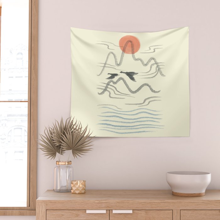 Watercolor 9 Abstraction minimal landscape lover bird Wall Tapestry Gallery Image 2