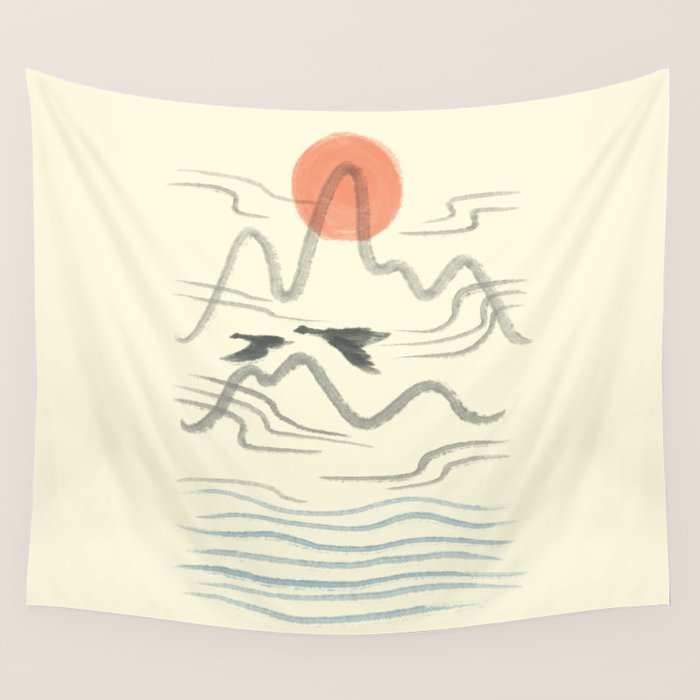 Watercolor 9 Abstraction minimal landscape lover bird Wall Tapestry Gallery Image 1