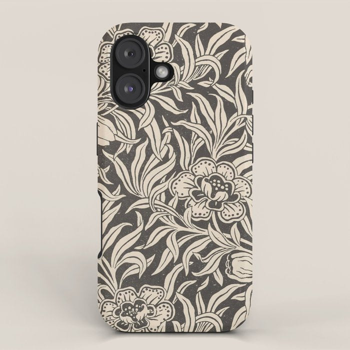 Vintage Floral Botanical Pattern in Charcoal Gray Black and Cream iPhone Case Gallery Image 1