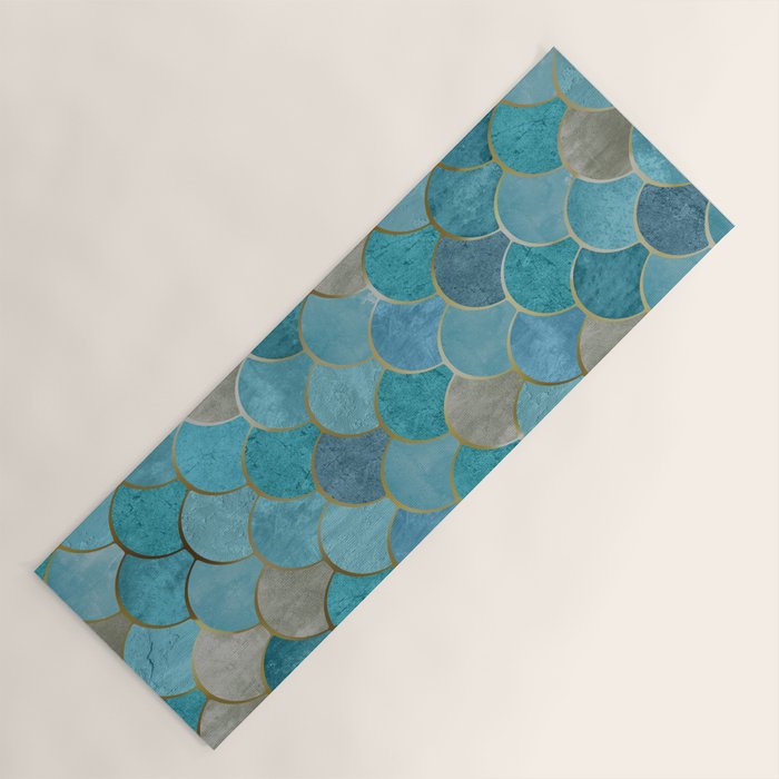 Moroccan Fish Scale Mermaid Pattern, Teal Blue and Gold Yoga Mat Gallery Image 1