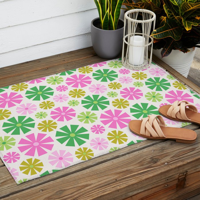Retro Pinwheel Snowflakes - Green & Pink Outdoor Rug Gallery Image 2