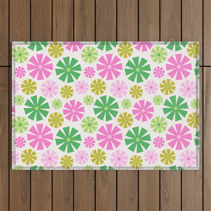 Retro Pinwheel Snowflakes - Green & Pink Outdoor Rug Gallery Image 1