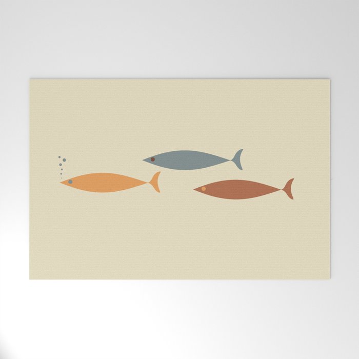 Fish Trio Mid-Century Modern Minimalism in Orange, Slate Blue, Brown, and Cream Beige Welcome Mat Gallery Image 1
