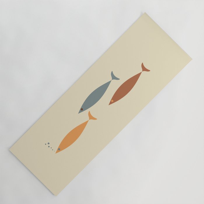 Fish Trio Mid-Century Modern Minimalism in Orange, Slate Blue, Brown, and Cream Beige Yoga Mat Gallery Image 1