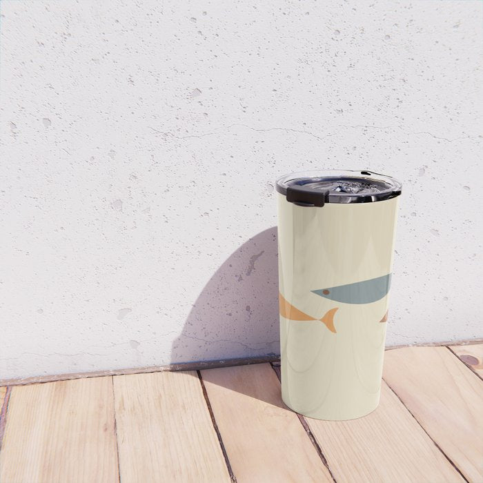 Fish Trio Mid-Century Modern Minimalism in Orange, Slate Blue, Brown, and Cream Beige Travel Mug Gallery Image 4