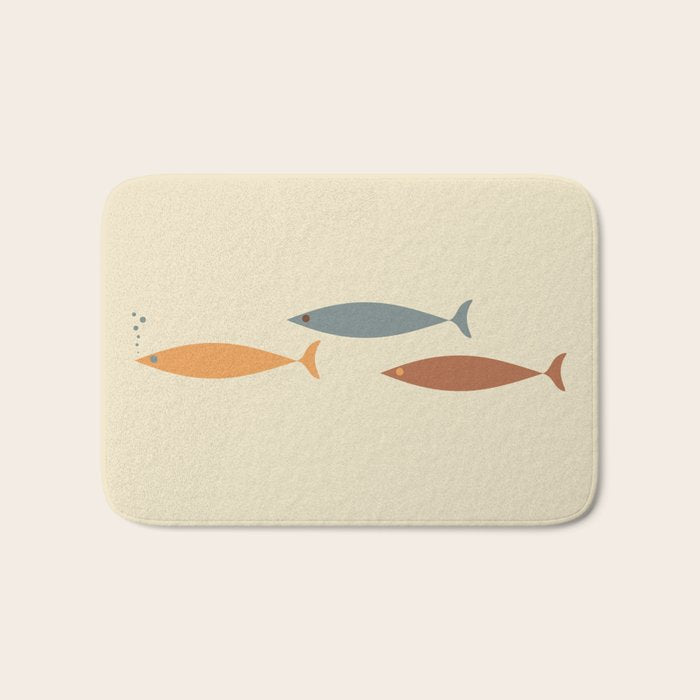 Fish Trio Mid-Century Modern Minimalism in Orange, Slate Blue, Brown, and Cream Beige Bath Mat Gallery Image 1