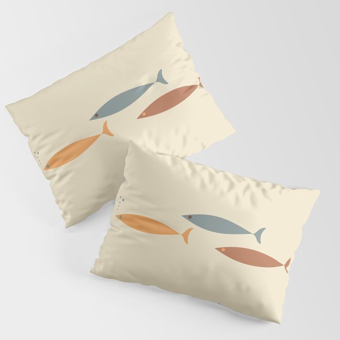 Fish Trio Mid-Century Modern Minimalism in Orange, Slate Blue, Brown, and Cream Beige Pillow Sham Gallery Image 3