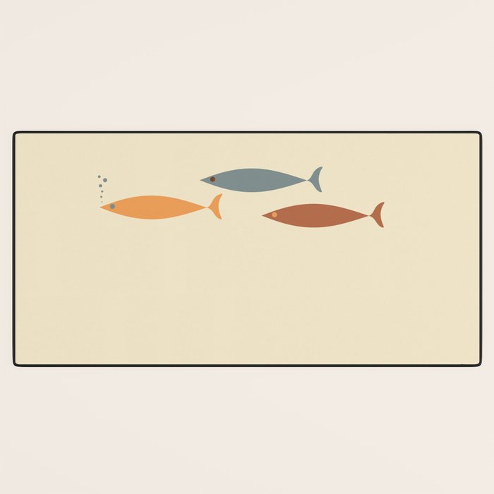 Fish Trio Mid-Century Modern Minimalism in Orange, Slate Blue, Brown, and Cream Beige Desk Mat Gallery Image 3