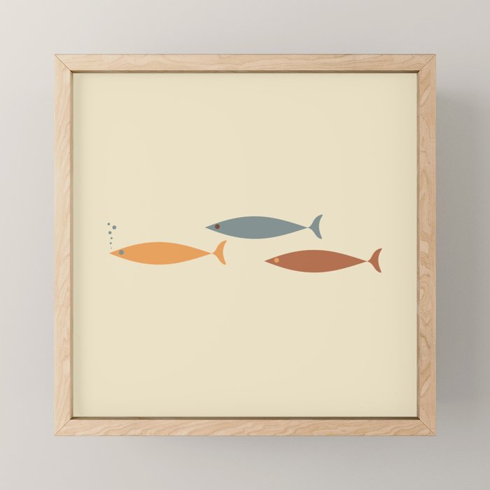 Fish Trio Mid-Century Modern Minimalism in Orange, Slate Blue, Brown, and Cream Beige Mini Art Print Gallery Image 1