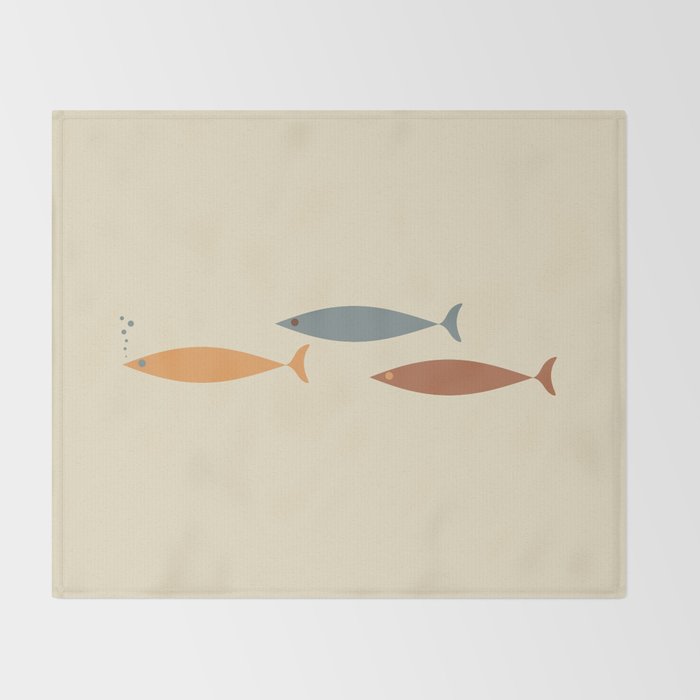 Fish Trio Mid-Century Modern Minimalism in Orange, Slate Blue, Brown, and Cream Beige Throw Blanket Gallery Image 2