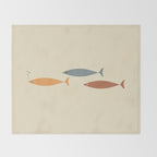 Fish Trio Mid-Century Modern Minimalism in Orange, Slate Blue, Brown, and Cream Beige Throw Blanket Gallery Image 2