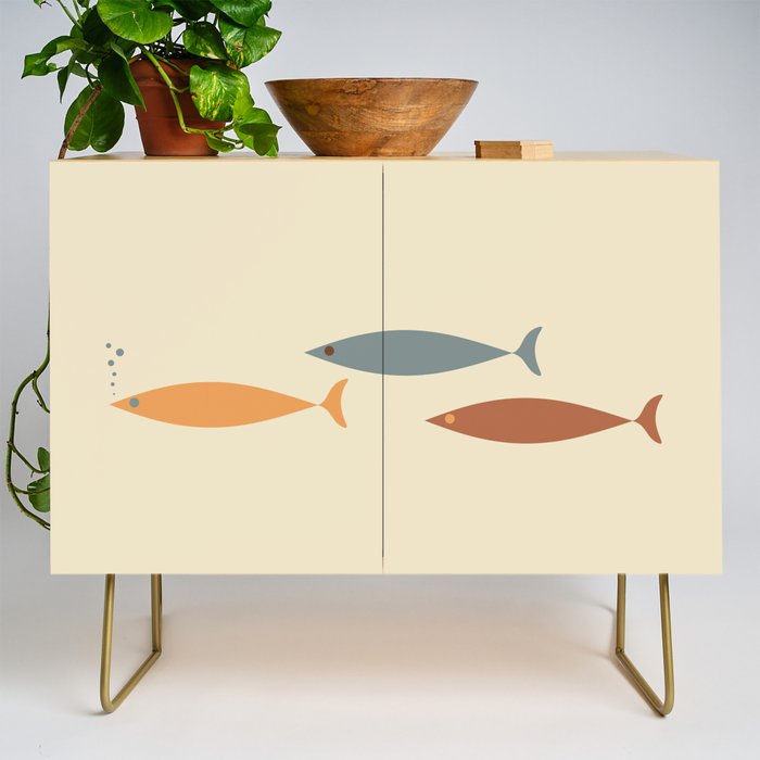 Fish Trio Mid-Century Modern Minimalism in Orange, Slate Blue, Brown, and Cream Beige Credenza Gallery Image 1