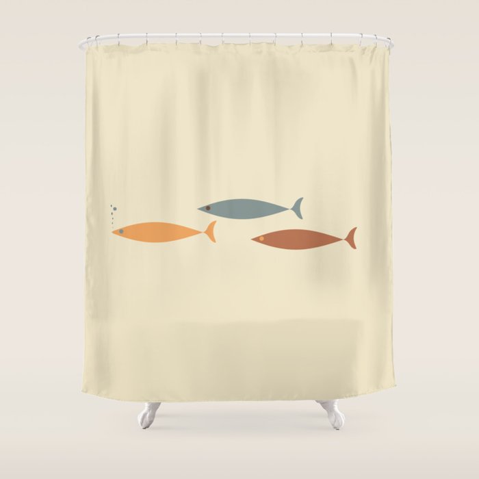 Fish Trio Mid-Century Modern Minimalism in Orange, Slate Blue, Brown, and Cream Beige Shower Curtain Gallery Image 1
