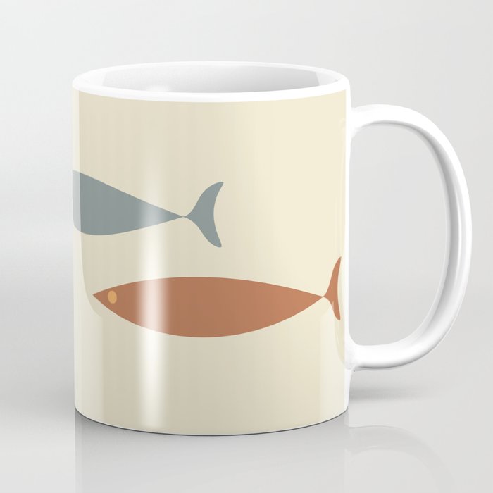 Fish Trio Mid-Century Modern Minimalism in Orange, Slate Blue, Brown, and Cream Beige Coffee Mug Gallery Image 1