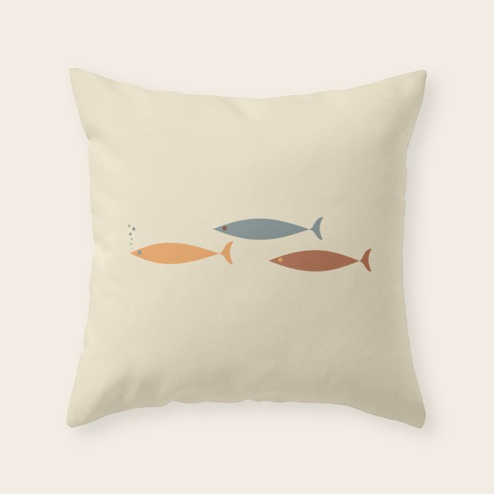Fish Trio Mid-Century Modern Minimalism in Orange, Slate Blue, Brown, and Cream Beige Throw Pillow Gallery Image 6
