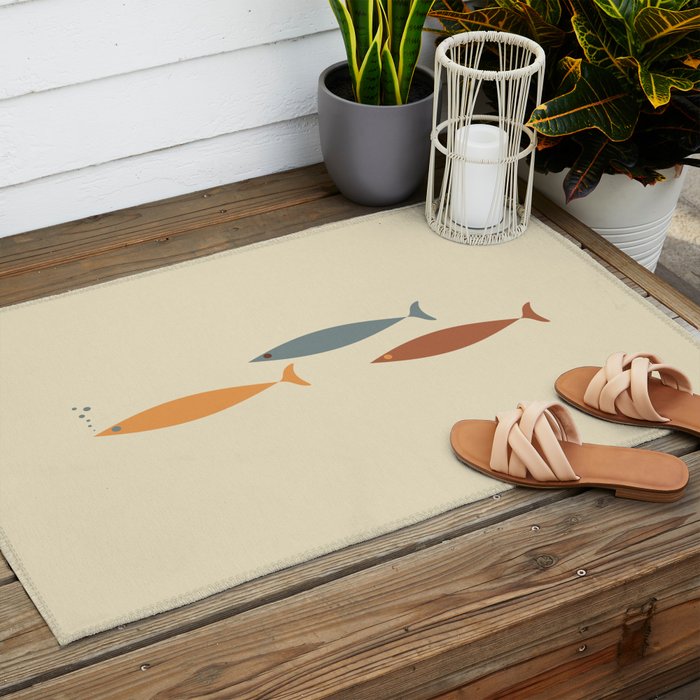 Fish Trio Mid-Century Modern Minimalism in Orange, Slate Blue, Brown, and Cream Beige Outdoor Rug Gallery Image 2