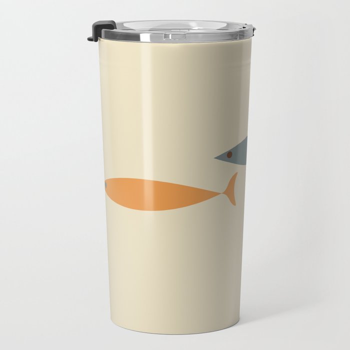 Fish Trio Mid-Century Modern Minimalism in Orange, Slate Blue, Brown, and Cream Beige Travel Mug Gallery Image 3