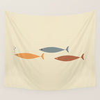 Fish Trio Mid-Century Modern Minimalism in Orange, Slate Blue, Brown, and Cream Beige Wall Tapestry Gallery Image 4