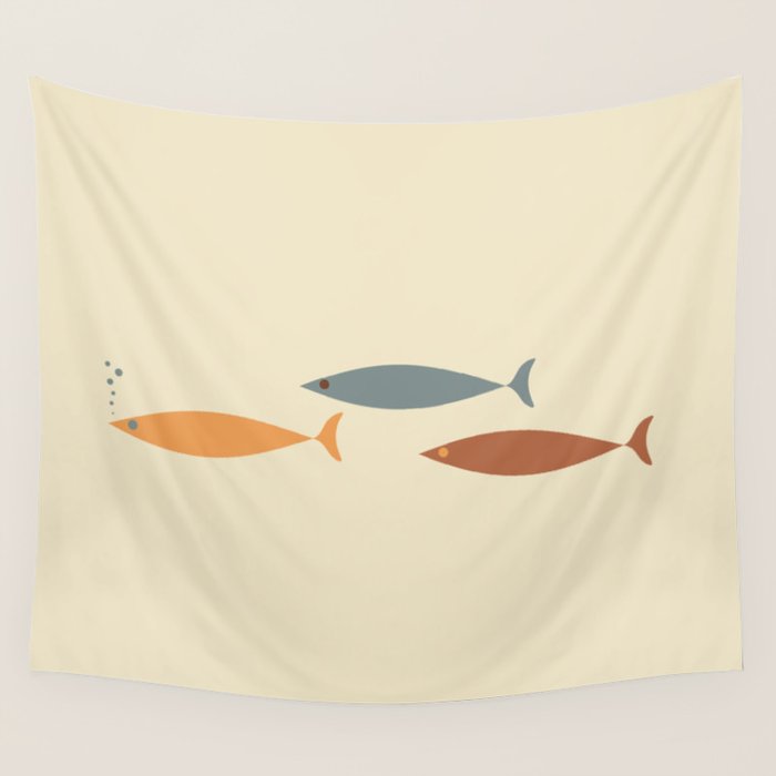 Fish Trio Mid-Century Modern Minimalism in Orange, Slate Blue, Brown, and Cream Beige Wall Tapestry Gallery Image 4