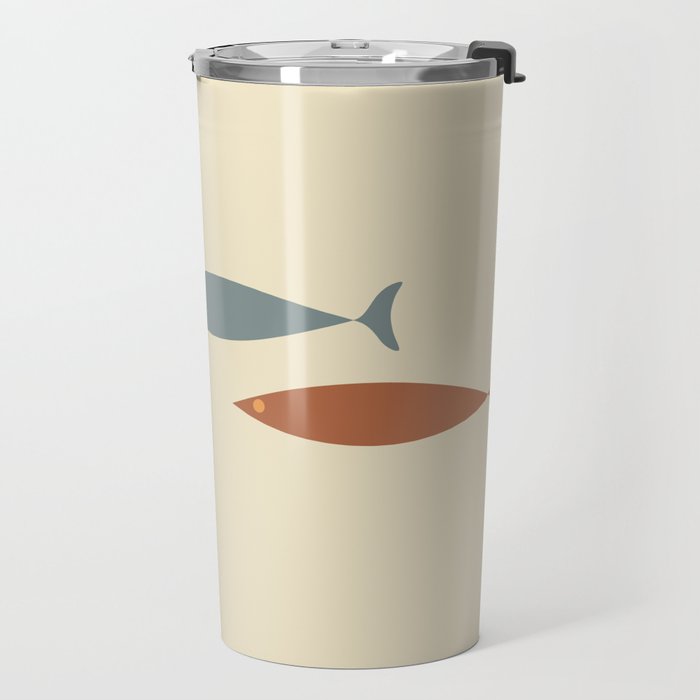 Fish Trio Mid-Century Modern Minimalism in Orange, Slate Blue, Brown, and Cream Beige Travel Mug Gallery Image 2