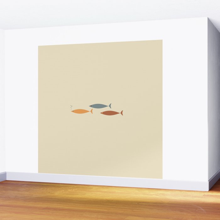 Fish Trio Mid-Century Modern Minimalism in Orange, Slate Blue, Brown, and Cream Beige Wall Mural Gallery Image 2