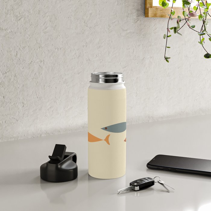Fish Trio Mid-Century Modern Minimalism in Orange, Slate Blue, Brown, and Cream Beige Water Bottle Gallery Image 4