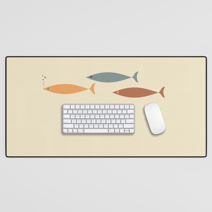 Fish Trio Mid-Century Modern Minimalism in Orange, Slate Blue, Brown, and Cream Beige Desk Mat Gallery Image 1
