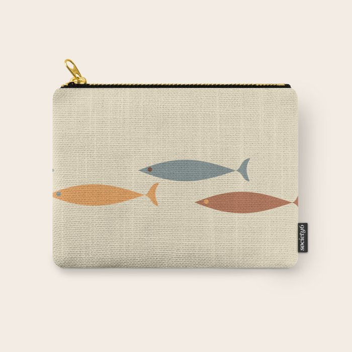 Fish Trio Mid-Century Modern Minimalism in Orange, Slate Blue, Brown, and Cream Beige Carry All Pouch Gallery Image 1