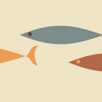 Fish Trio Mid-Century Modern Minimalism in Orange, Slate Blue, Brown, and Cream Beige Coffee Mug Gallery Image 2