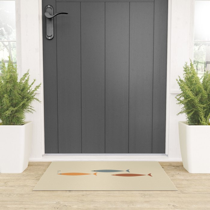 Fish Trio Mid-Century Modern Minimalism in Orange, Slate Blue, Brown, and Cream Beige Welcome Mat Gallery Image 3