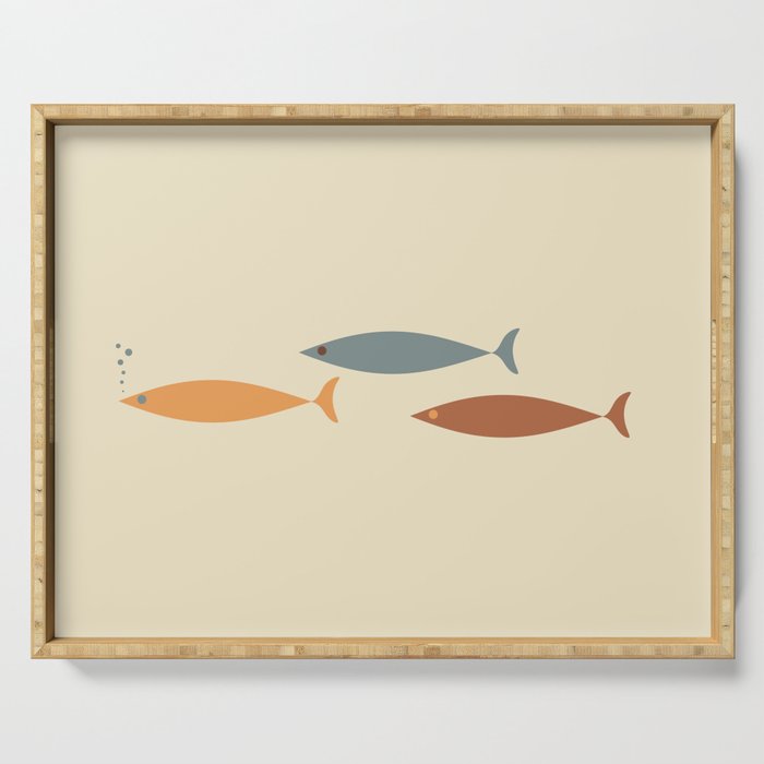 Fish Trio Mid-Century Modern Minimalism in Orange, Slate Blue, Brown, and Cream Beige Serving Tray Gallery Image 1