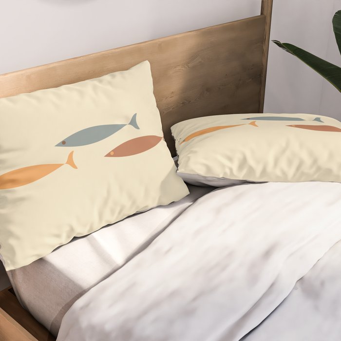 Fish Trio Mid-Century Modern Minimalism in Orange, Slate Blue, Brown, and Cream Beige Pillow Sham Gallery Image 2