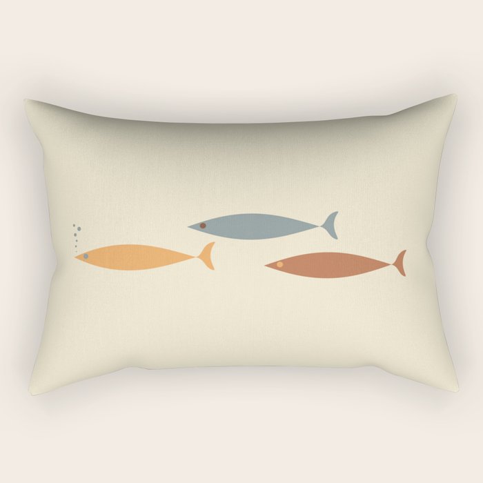 Fish Trio Mid-Century Modern Minimalism in Orange, Slate Blue, Brown, and Cream Beige Rectangular Pillow Gallery Image 2