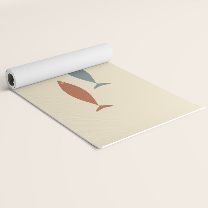 Fish Trio Mid-Century Modern Minimalism in Orange, Slate Blue, Brown, and Cream Beige Yoga Mat Gallery Image 2