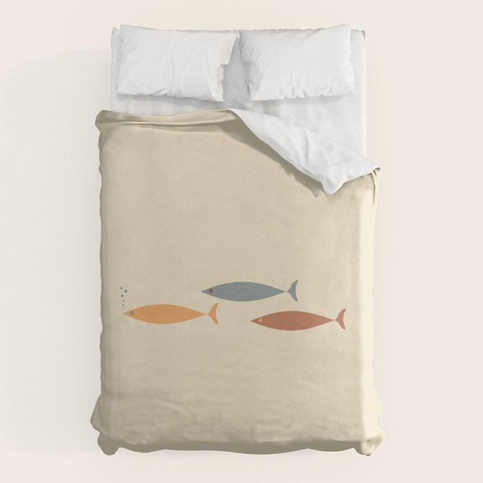 Fish Trio Mid-Century Modern Minimalism in Orange, Slate Blue, Brown, and Cream Beige Duvet Cover Gallery Image 1