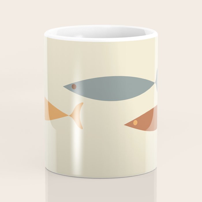 Fish Trio Mid-Century Modern Minimalism in Orange, Slate Blue, Brown, and Cream Beige Coffee Mug Gallery Image 4