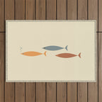 Fish Trio Mid-Century Modern Minimalism in Orange, Slate Blue, Brown, and Cream Beige Outdoor Rug Gallery Image 1