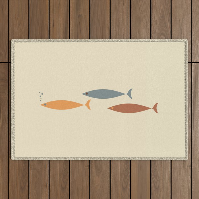 Fish Trio Mid-Century Modern Minimalism in Orange, Slate Blue, Brown, and Cream Beige Outdoor Rug Gallery Image 1