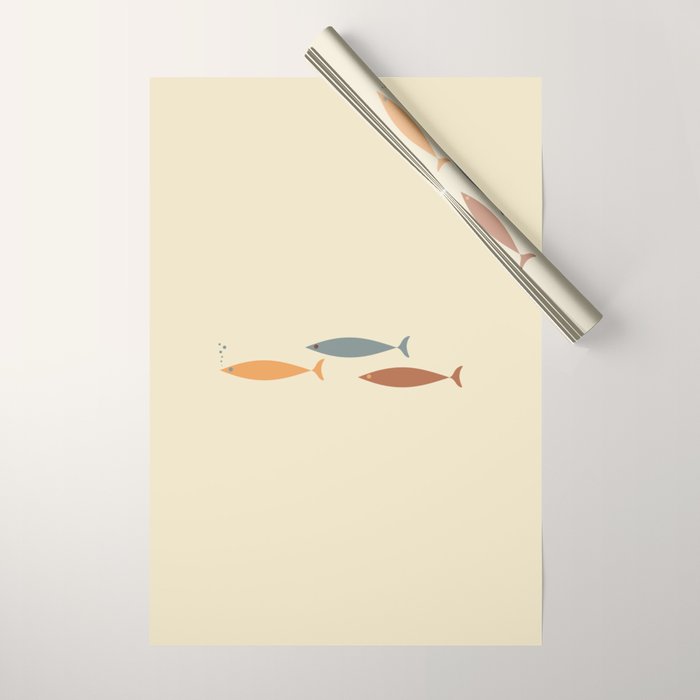 Fish Trio Mid-Century Modern Minimalism in Orange, Slate Blue, Brown, and Cream Beige Wrapping Paper Gallery Image 1