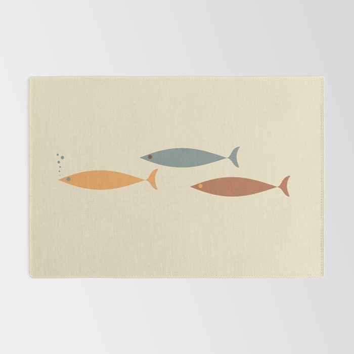 Fish Trio Mid-Century Modern Minimalism in Orange, Slate Blue, Brown, and Cream Beige Rug Gallery Image 2