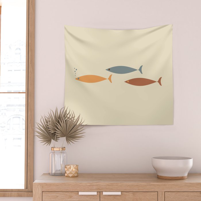 Fish Trio Mid-Century Modern Minimalism in Orange, Slate Blue, Brown, and Cream Beige Wall Tapestry Gallery Image 2