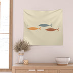 Fish Trio Mid-Century Modern Minimalism in Orange, Slate Blue, Brown, and Cream Beige Wall Tapestry Gallery Image 2