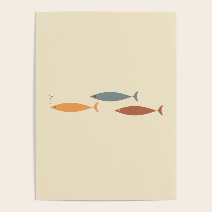Fish Trio Mid-Century Modern Minimalism in Orange, Slate Blue, Brown, and Cream Beige Poster Gallery Image 4