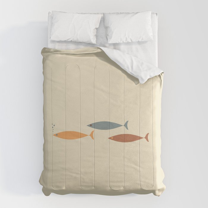 Fish Trio Mid-Century Modern Minimalism in Orange, Slate Blue, Brown, and Cream Beige Comforter Gallery Image 1