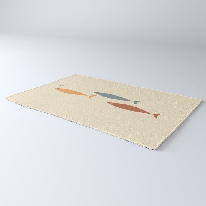 Fish Trio Mid-Century Modern Minimalism in Orange, Slate Blue, Brown, and Cream Beige Rug Gallery Image 3